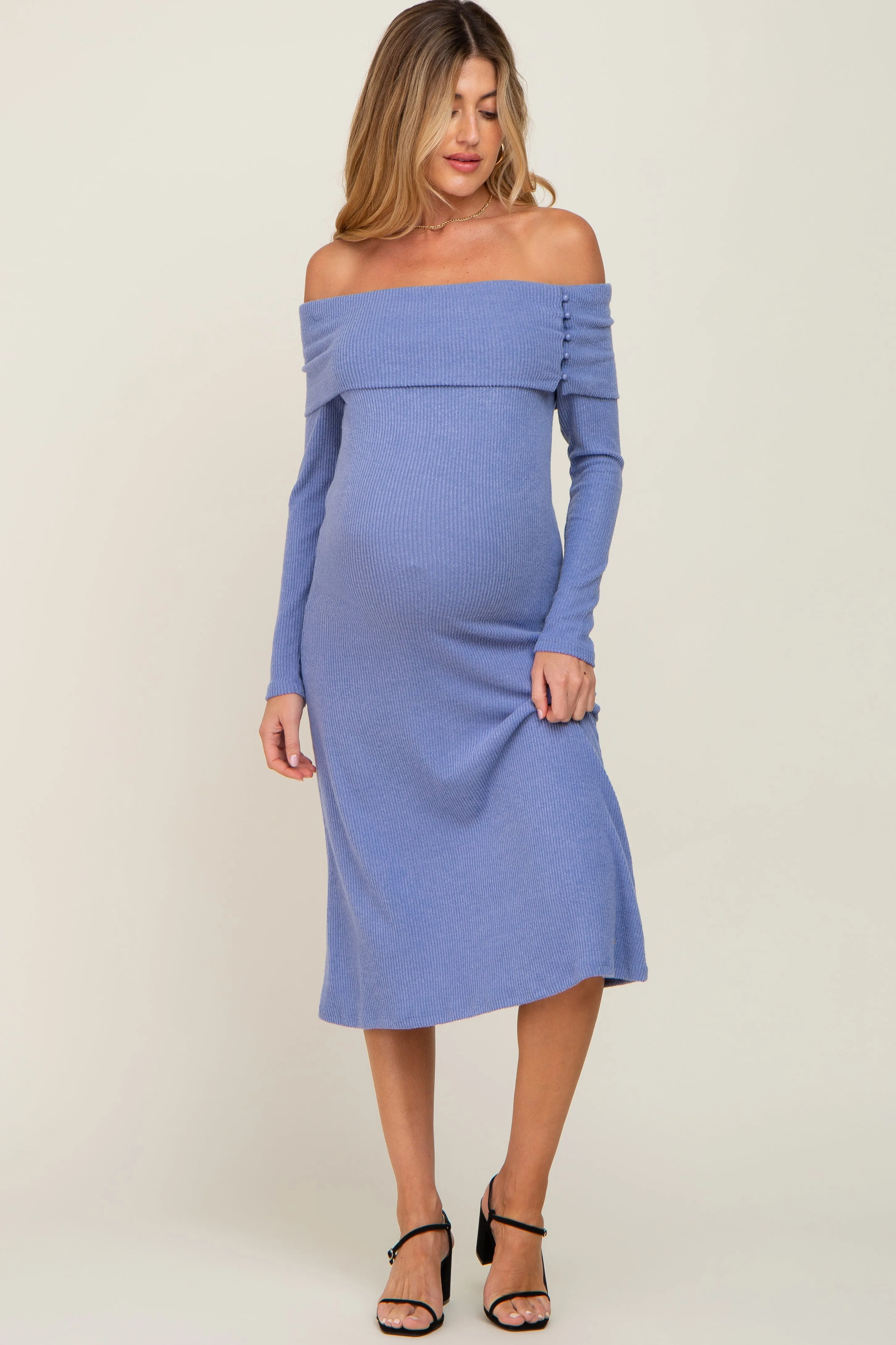 Blue Ribbed Knit Foldover Off Shoulder Maternity Midi Dress sold by Pinkblush product image thumbnail 4