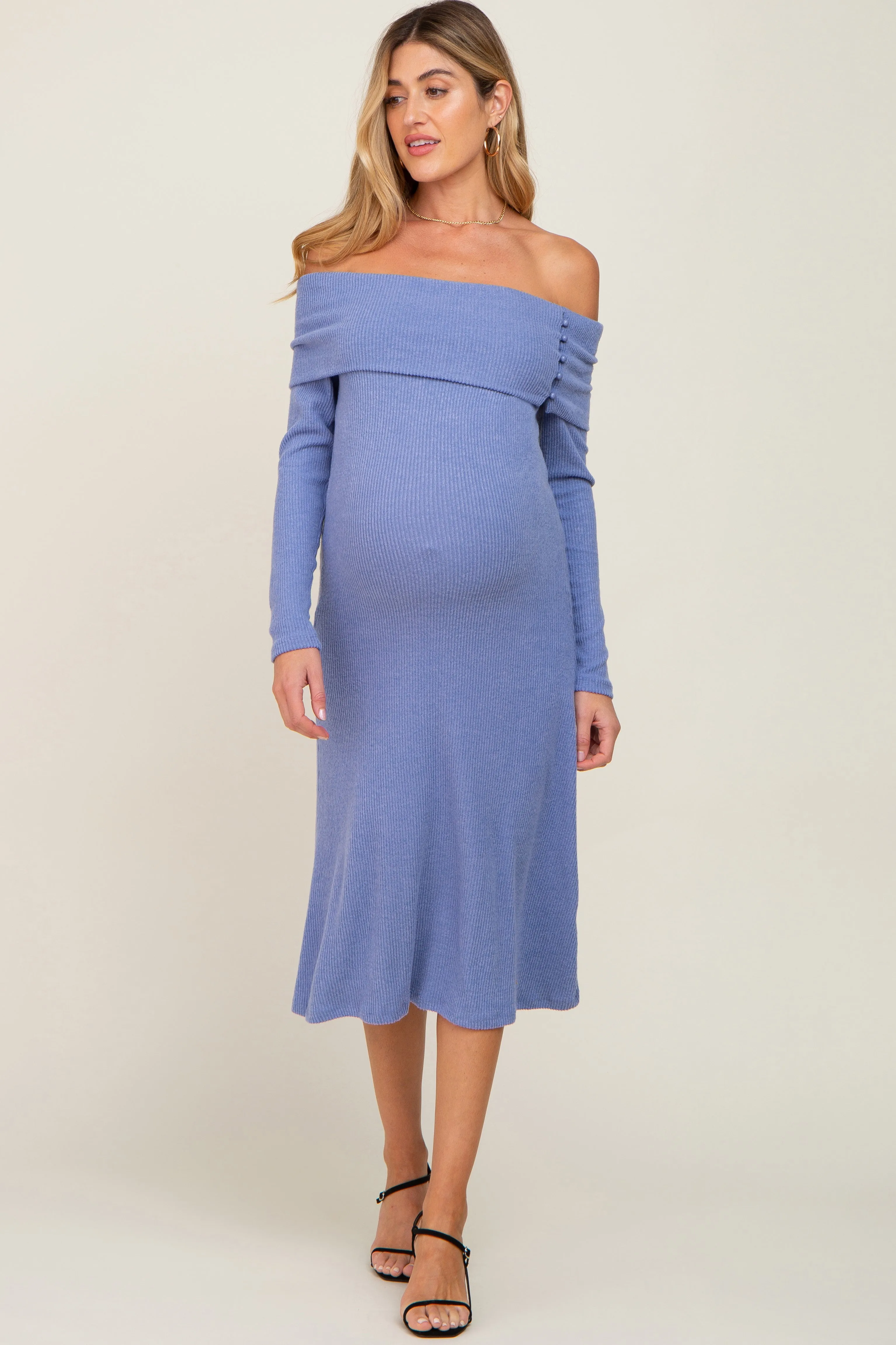 Blue Ribbed Knit Foldover Off Shoulder Maternity Midi Dress sold by Pinkblush