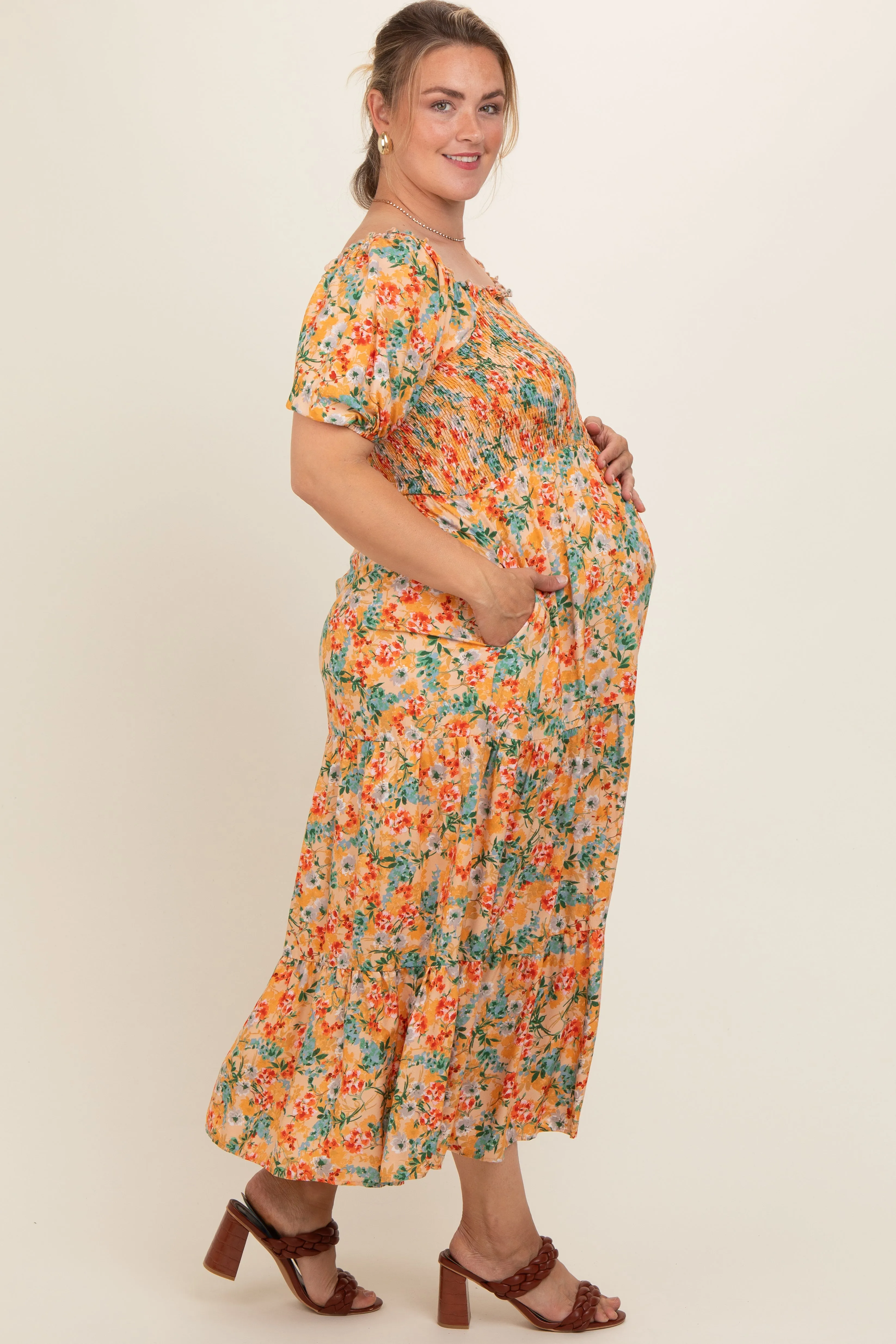 Peach Floral Smocked Tiered Maternity Plus Midi Dress sold by Pinkblush product image thumbnail 3