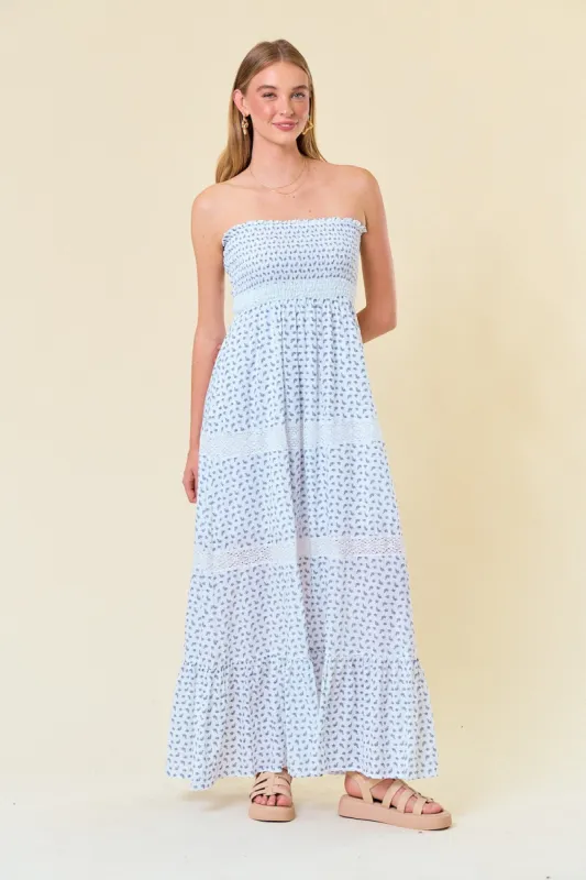 Off White Embroidered Trim Smocked Tube Maxi Dress sold by Pinkblush