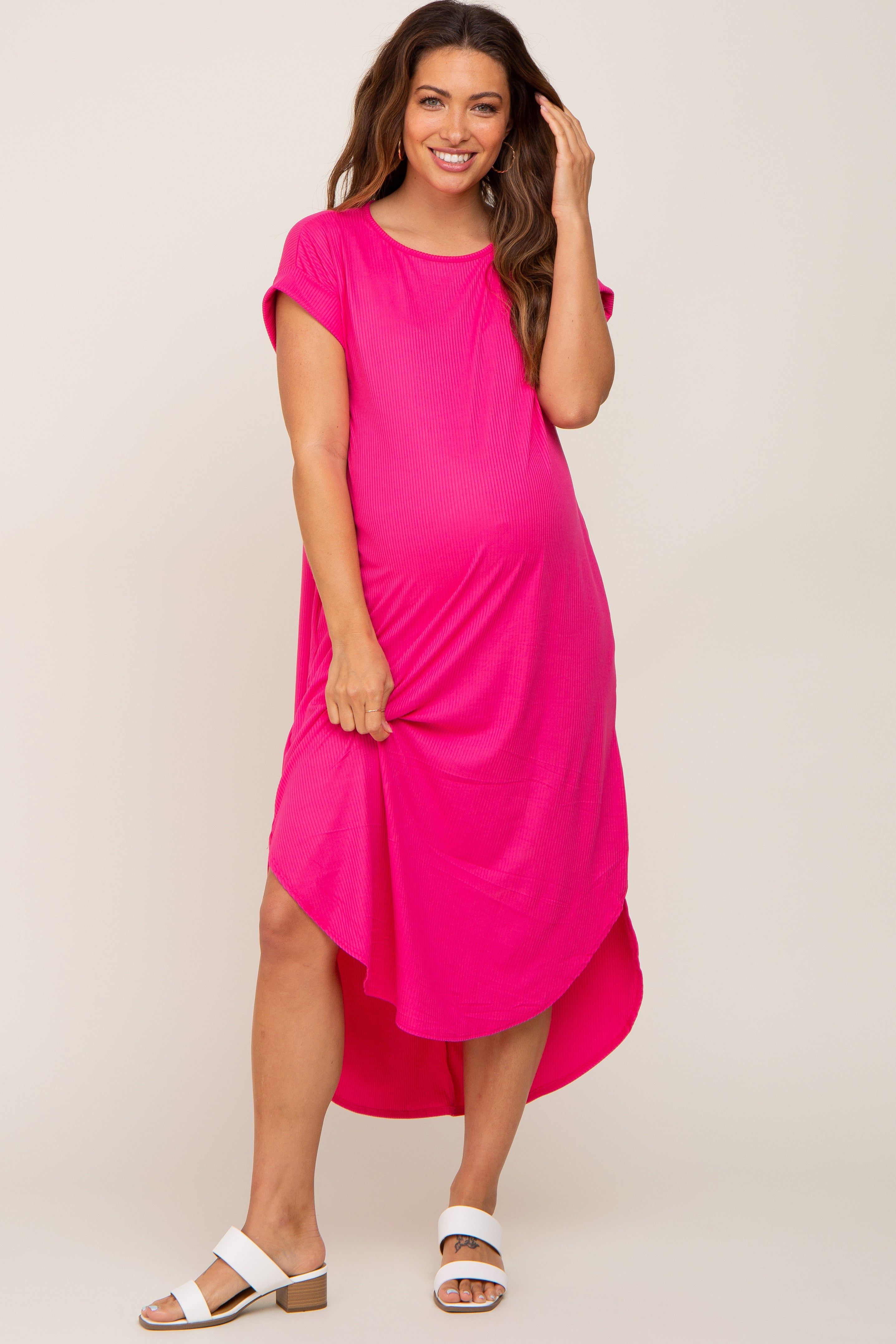 Fuchsia Ribbed Round Hi-Lo Hem Maternity Dress sold by Pinkblush product image thumbnail 4