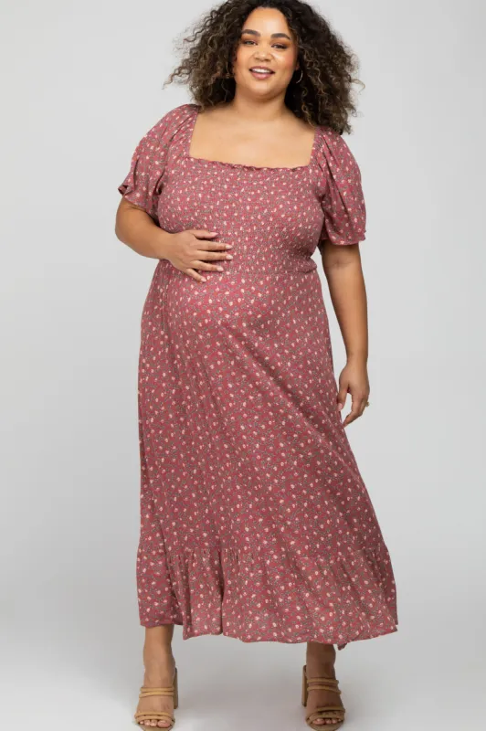 Mauve Floral Smocked Square Neck Maternity Plus Midi Dress sold by Pinkblush