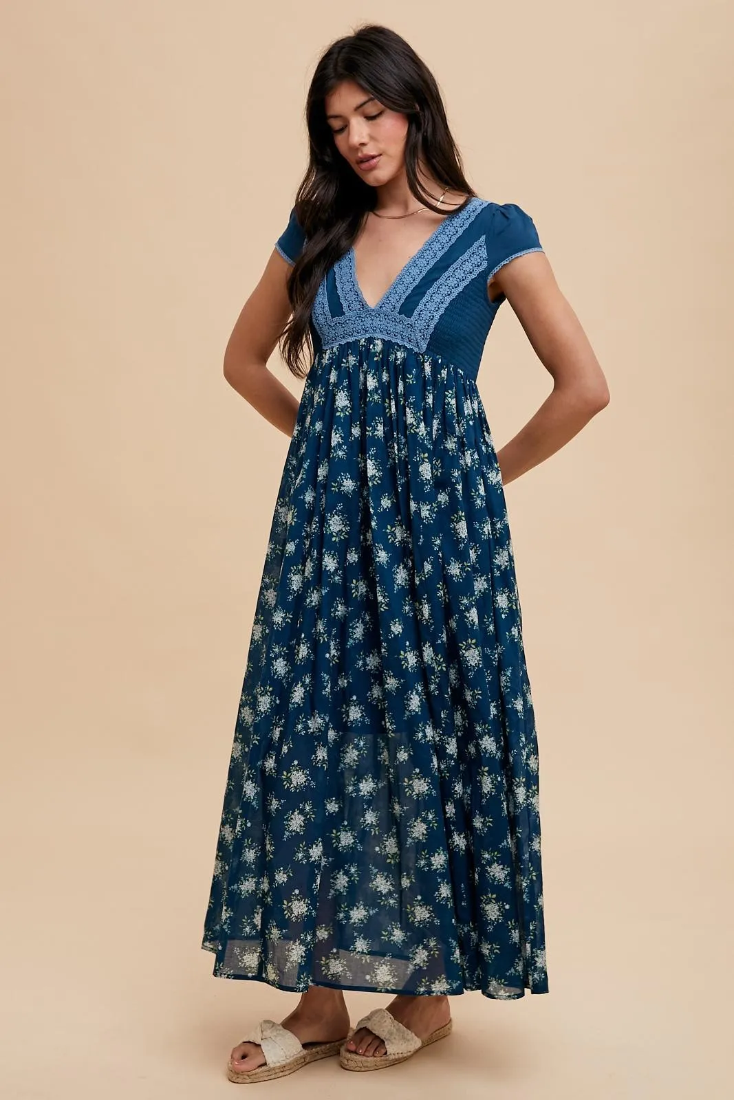 Navy Blue Floral Lace V-Neck Maxi Dress sold by Pinkblush
