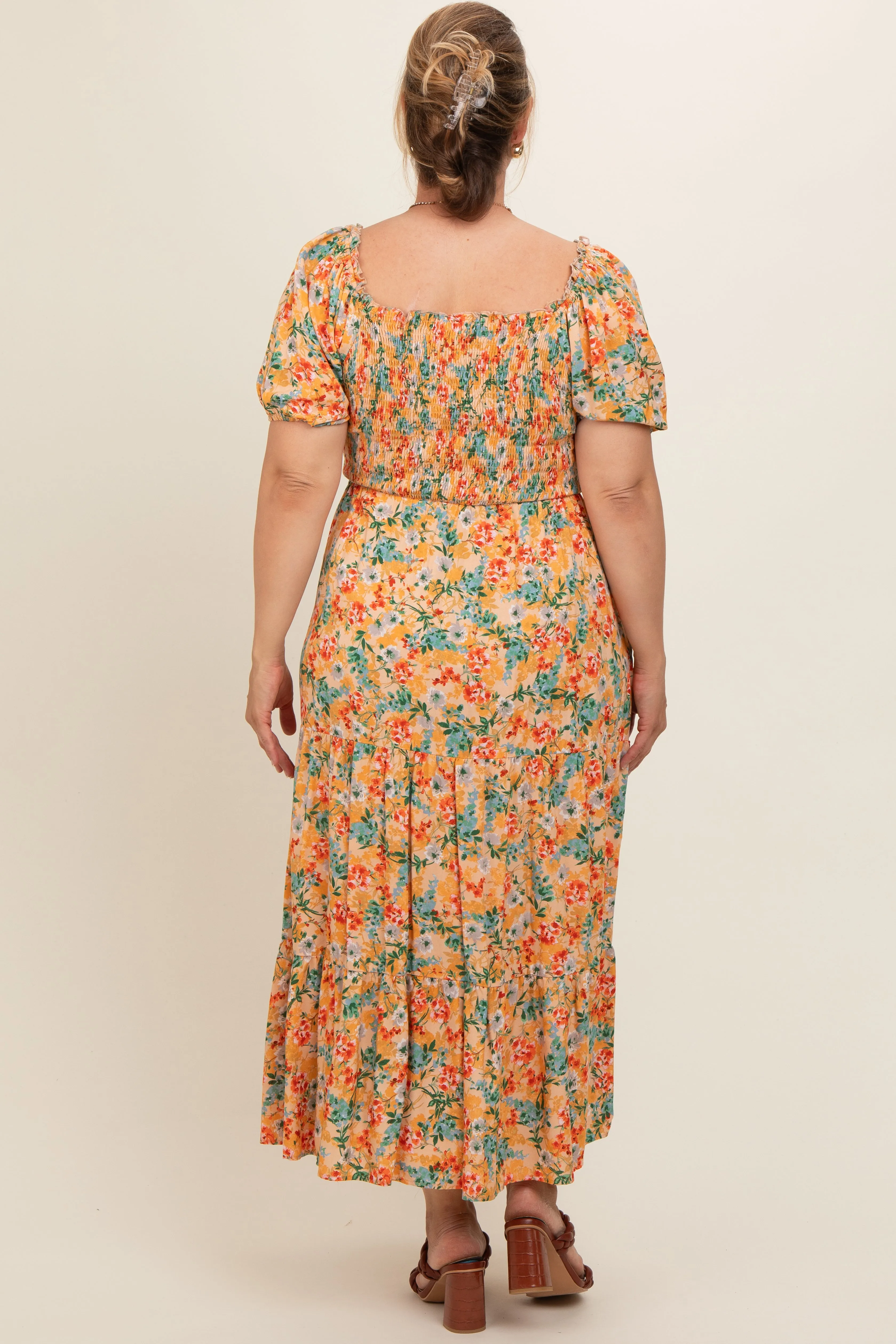 Peach Floral Smocked Tiered Maternity Plus Midi Dress sold by Pinkblush product image thumbnail 4