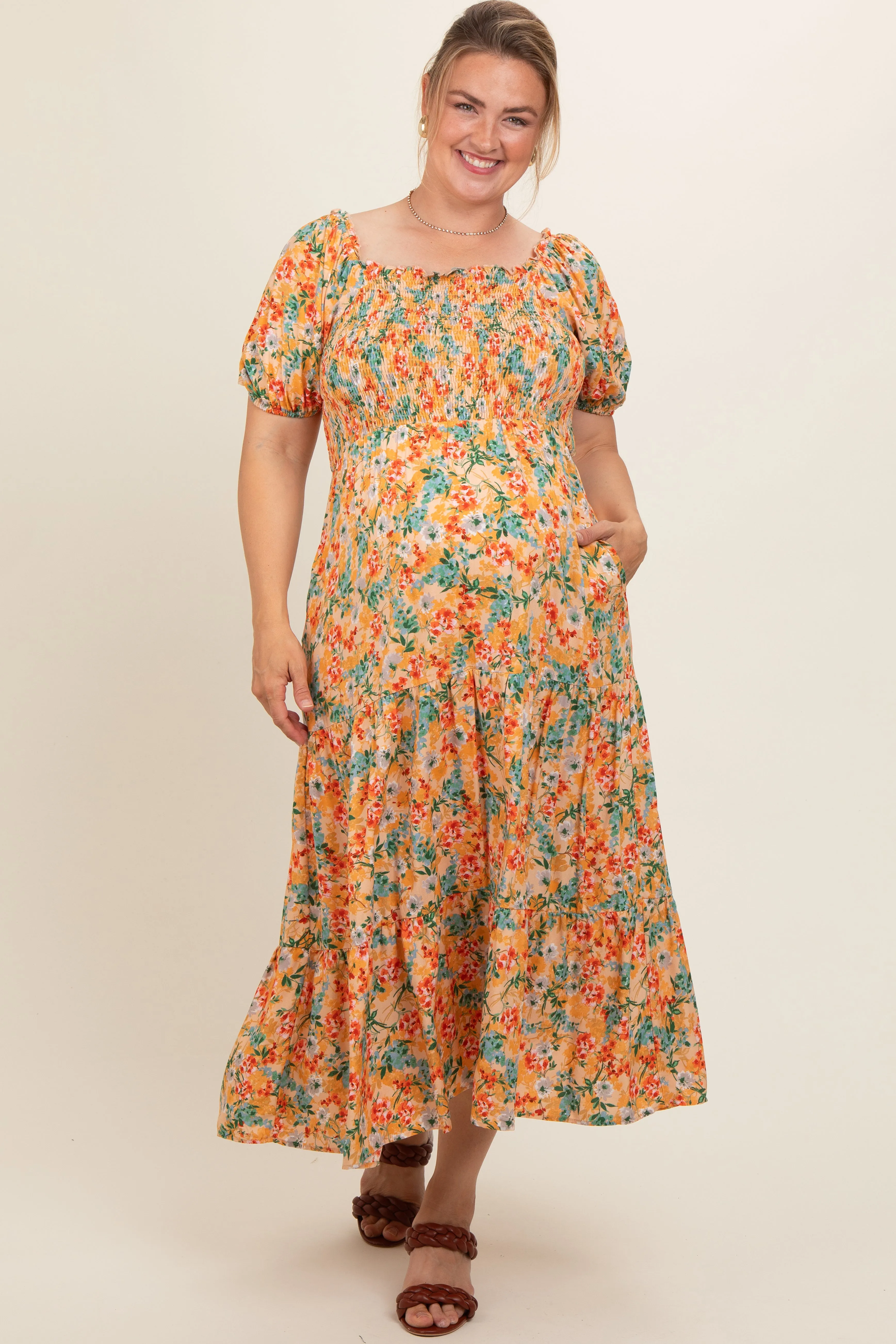 Peach Floral Smocked Tiered Maternity Plus Midi Dress sold by Pinkblush