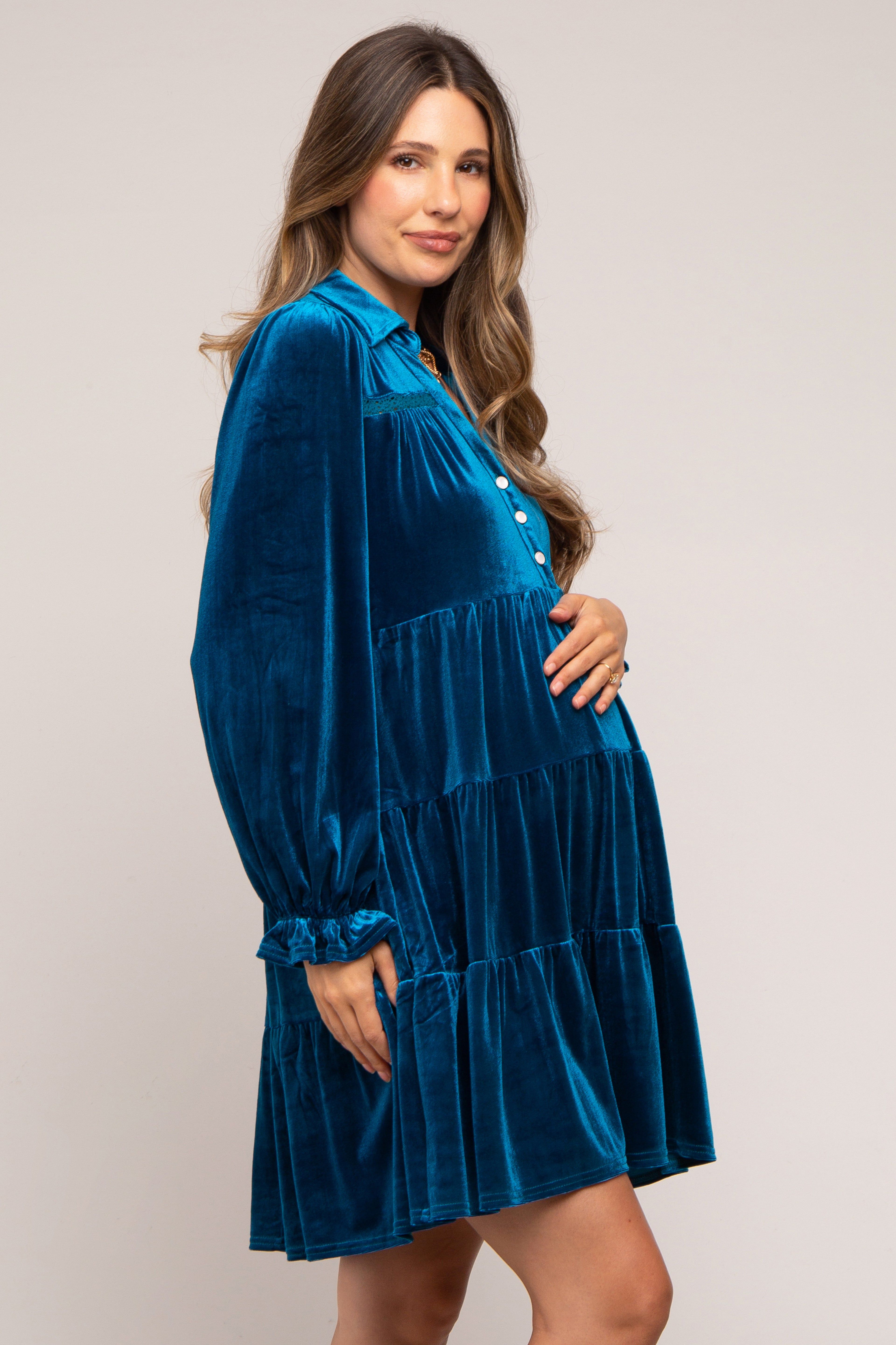 Teal Velvet Long Sleeve Tiered Collared Maternity Dress sold by Pinkblush product image thumbnail 3