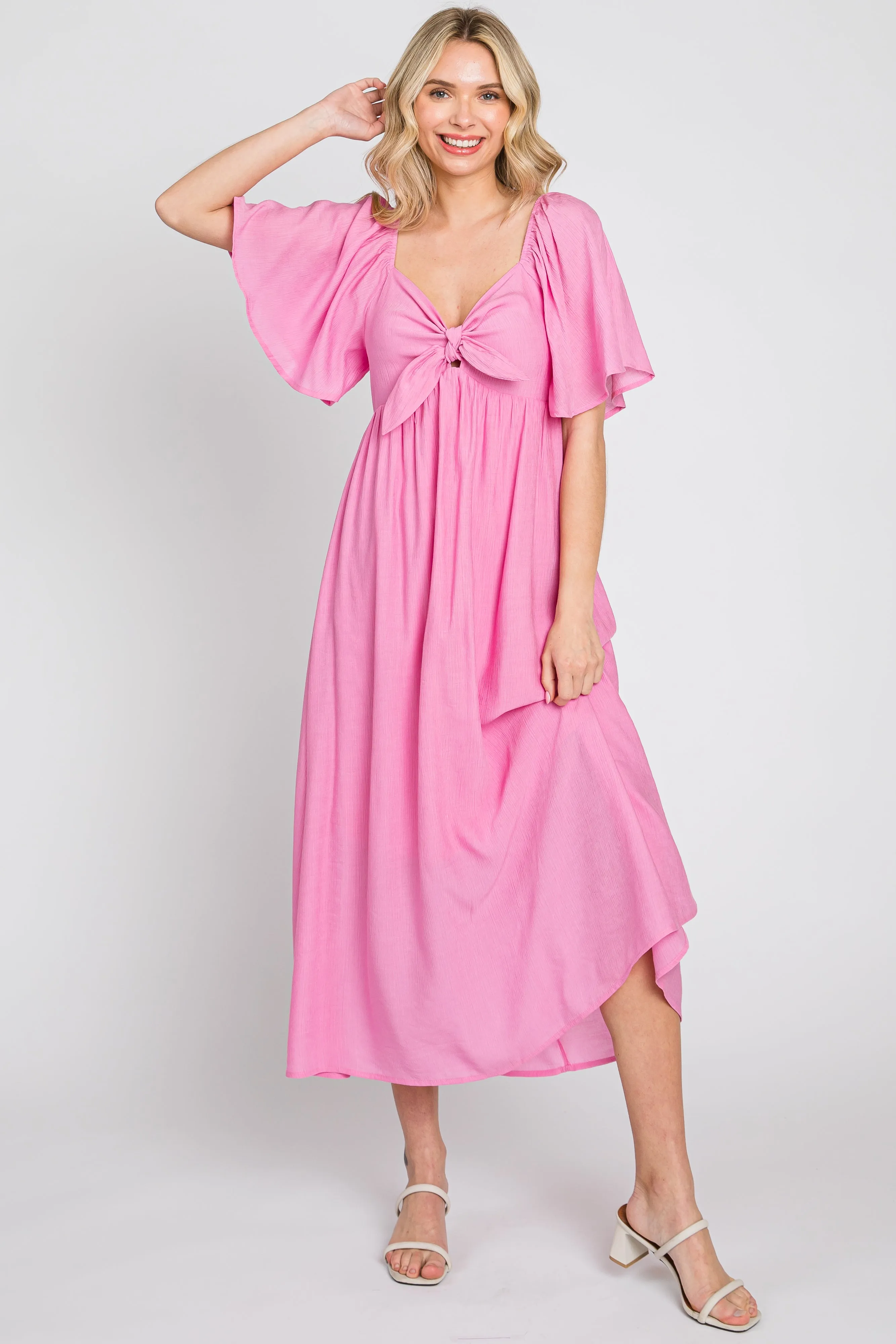 Pink Front Tie Ruffle Sleeve Midi Dress sold by Pinkblush