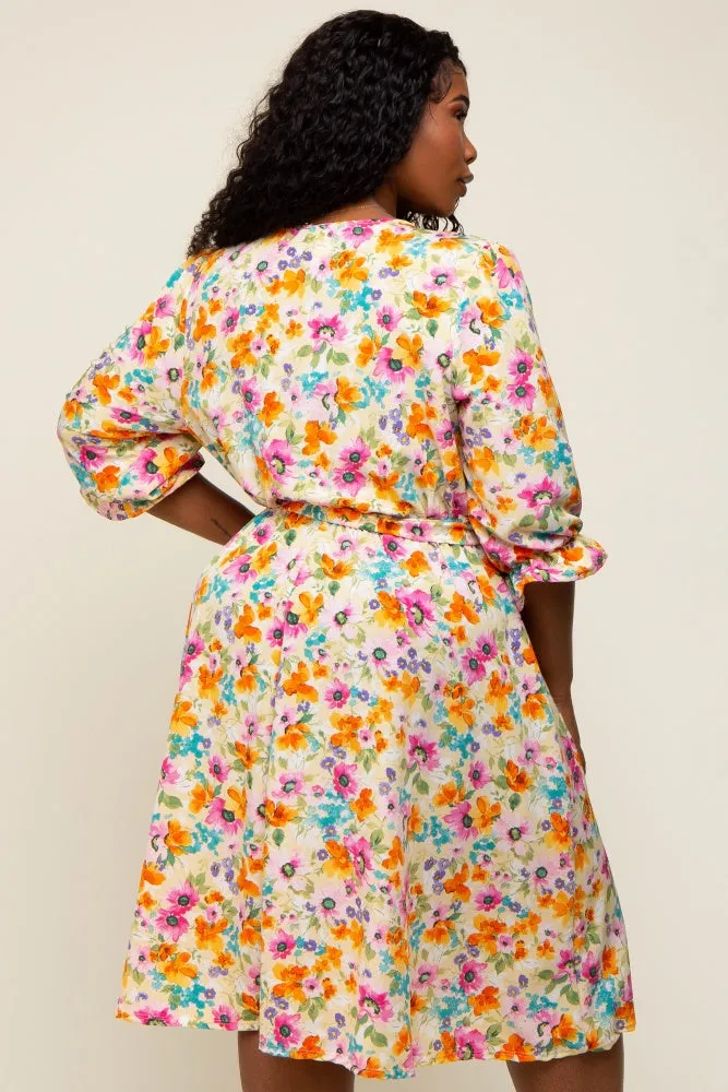 Yellow Floral 3/4 Sleeve Wrap Plus Dress sold by Pinkblush product image thumbnail 3