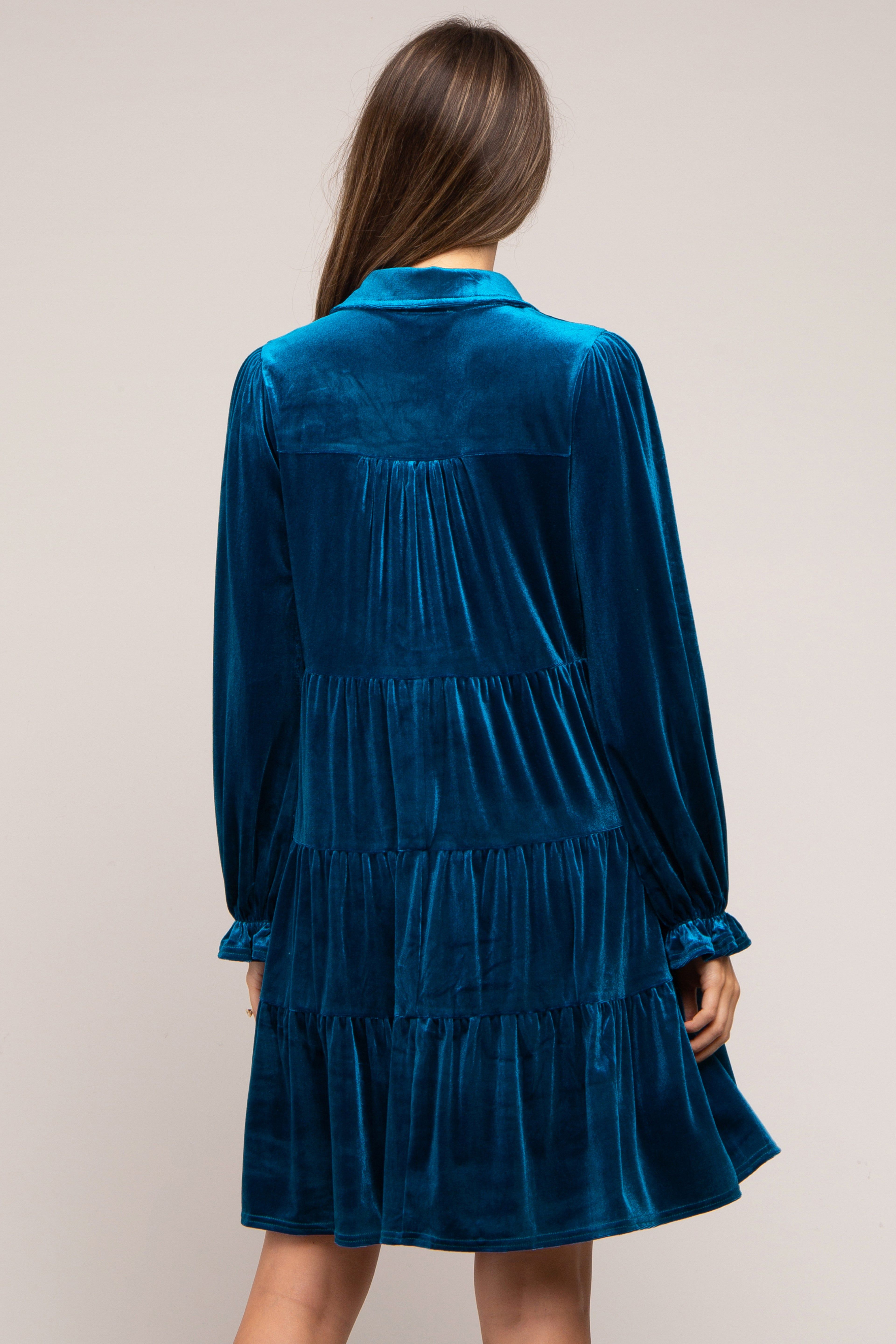 Teal Velvet Long Sleeve Tiered Collared Maternity Dress sold by Pinkblush product image thumbnail 4
