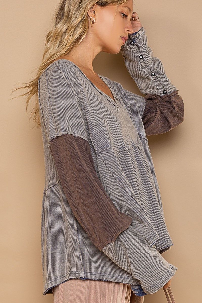 Navy V-Neck Long Sleeve Button Detail Babydoll Knit Top sold by Pinkblush product image thumbnail 2