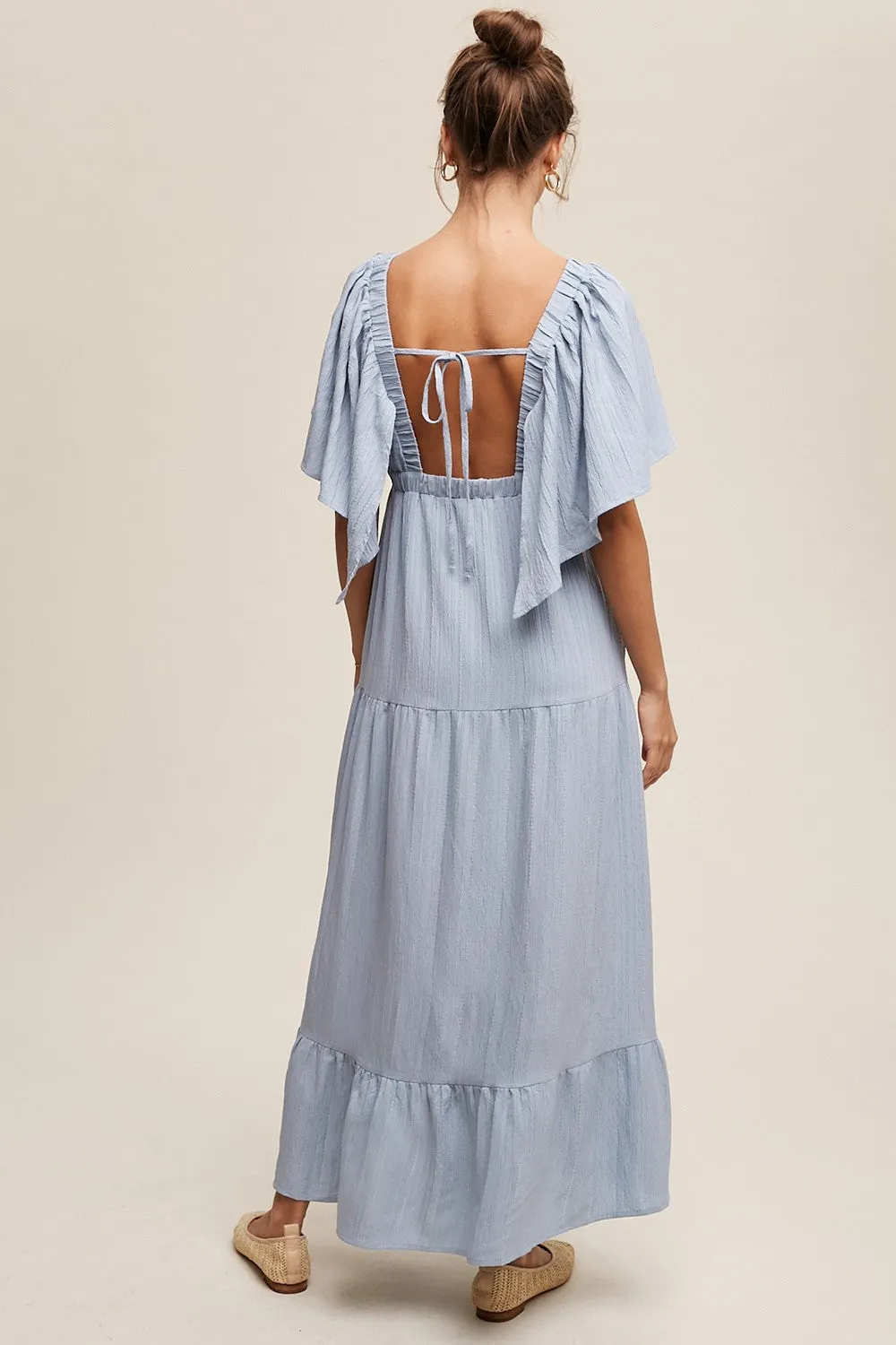 Light Blue Deep V-Neck Flutter Sleeve Tiered Midi Dress sold by Pinkblush product image thumbnail 3