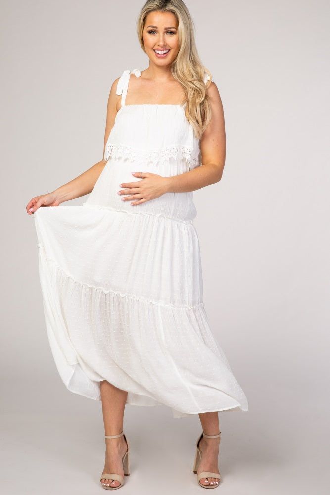 White Swiss Dot Tiered Maternity Maxi Dress sold by Pinkblush product image thumbnail 4