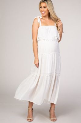 White Swiss Dot Tiered Maternity Maxi Dress sold by Pinkblush