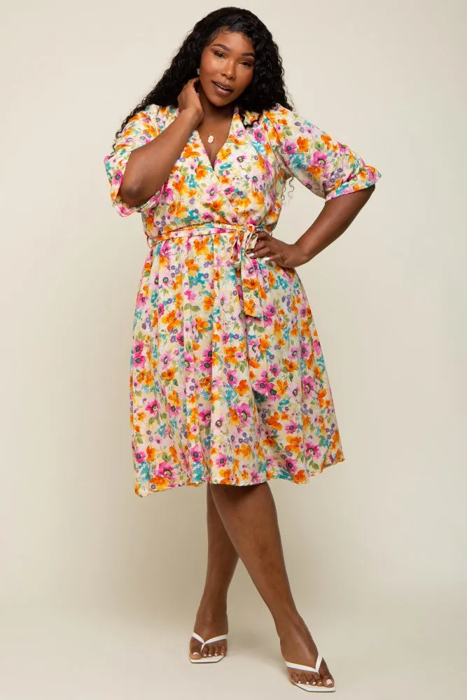 Yellow Floral 3/4 Sleeve Wrap Plus Dress sold by Pinkblush product image thumbnail 4