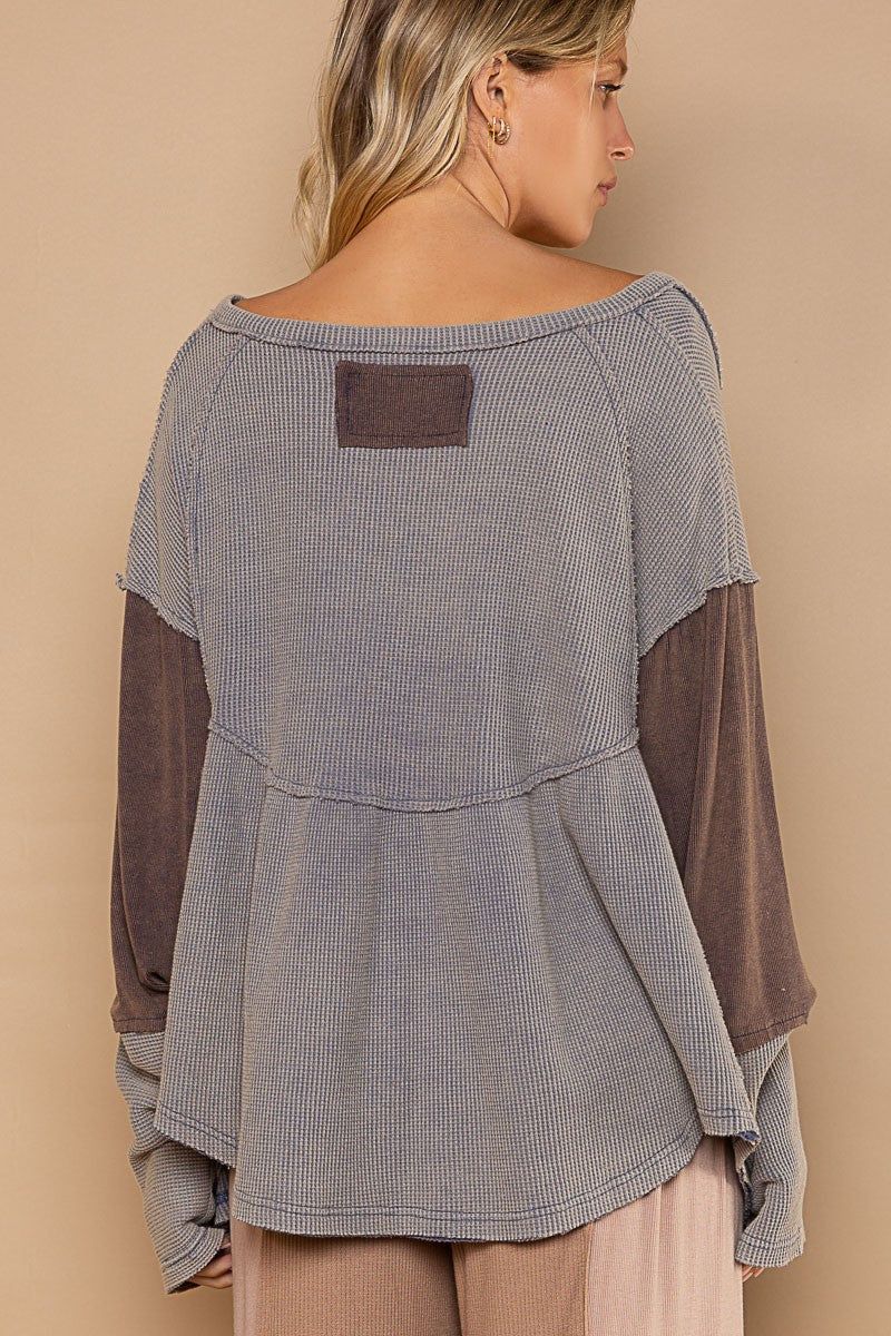 Navy V-Neck Long Sleeve Button Detail Babydoll Knit Top sold by Pinkblush product image thumbnail 3