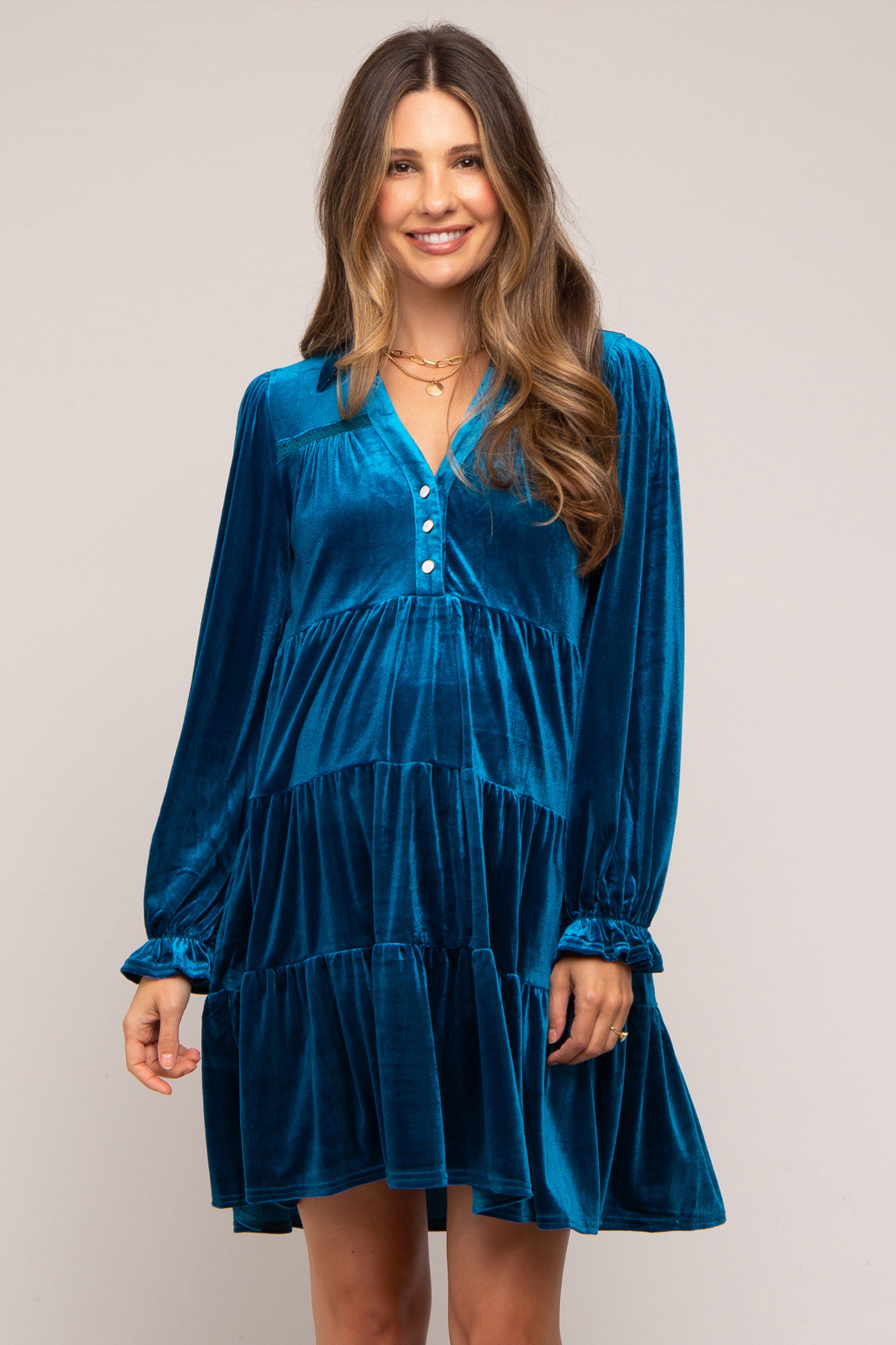Teal Velvet Long Sleeve Tiered Collared Maternity Dress sold by Pinkblush product image thumbnail 2