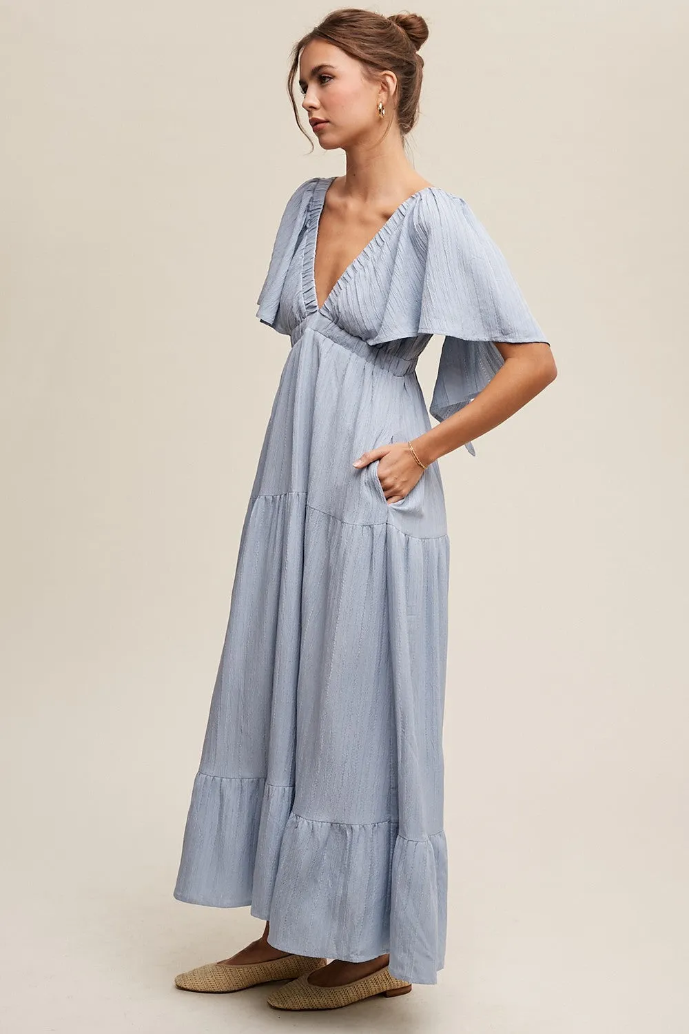 Light Blue Deep V-Neck Flutter Sleeve Tiered Midi Dress sold by Pinkblush product image thumbnail 2