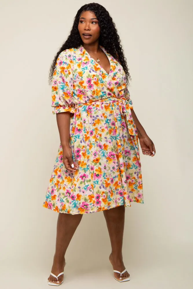 Yellow Floral 3/4 Sleeve Wrap Plus Dress sold by Pinkblush product image thumbnail 5