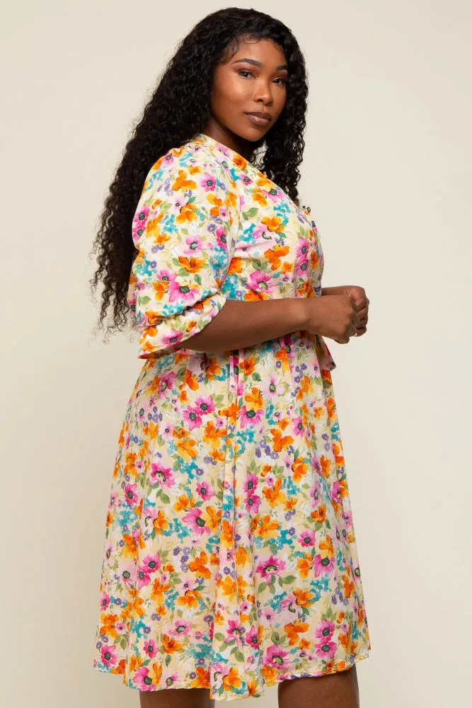 Yellow Floral 3/4 Sleeve Wrap Plus Dress sold by Pinkblush product image thumbnail 2