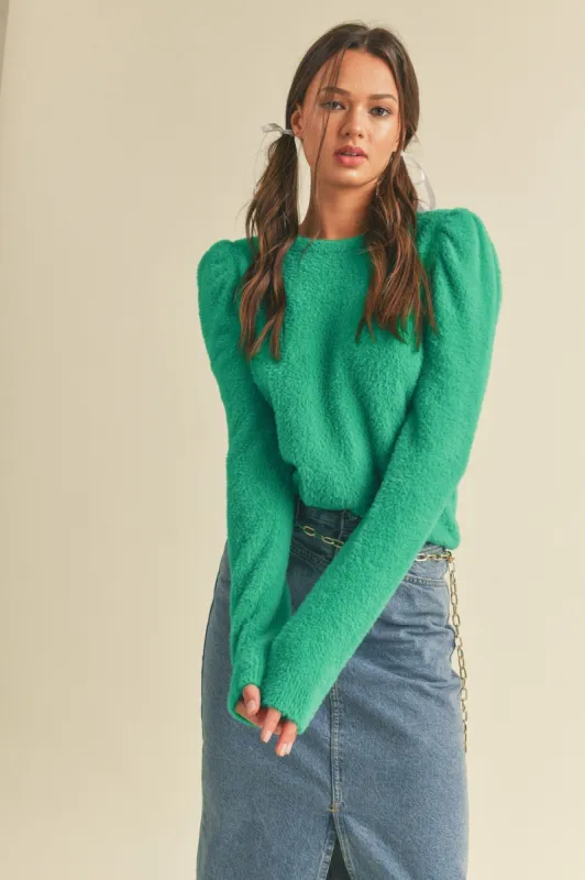 Bright Green Fuzzy Puff Sleeve Sweater sold by Pinkblush