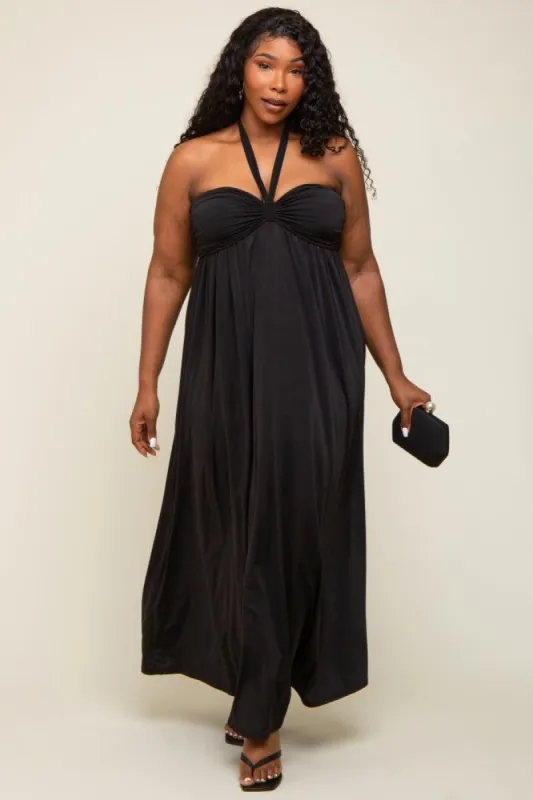 Black Front Knot Halter Plus Maxi Dress sold by Pinkblush