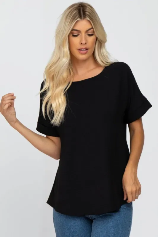 Black Rolled Cuff Short Sleeve Blouse sold by Pinkblush