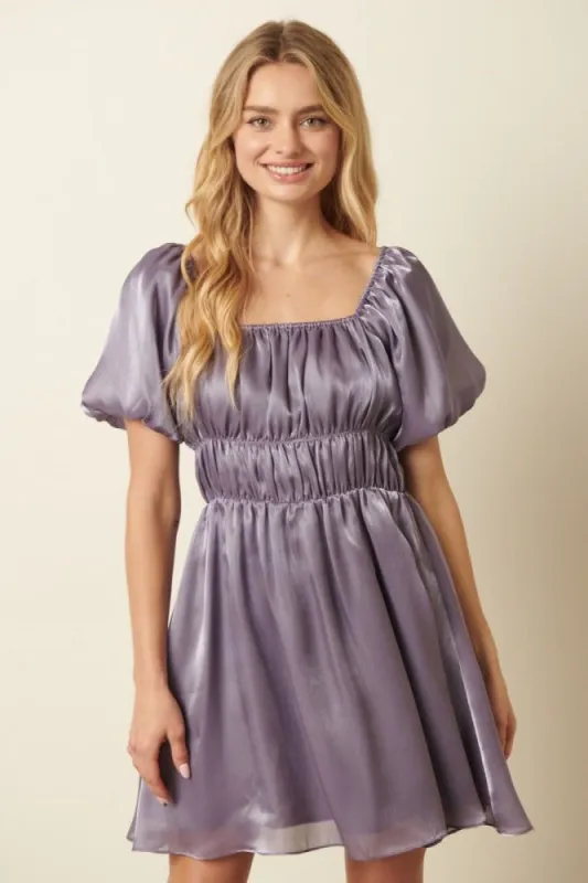 Violet Metallic Organza Fabric Balloon Sleeve Mini Dress sold by Pinkblush