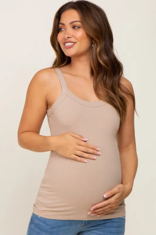 Taupe Ribbed Maternity Tank Top sold by Pinkblush