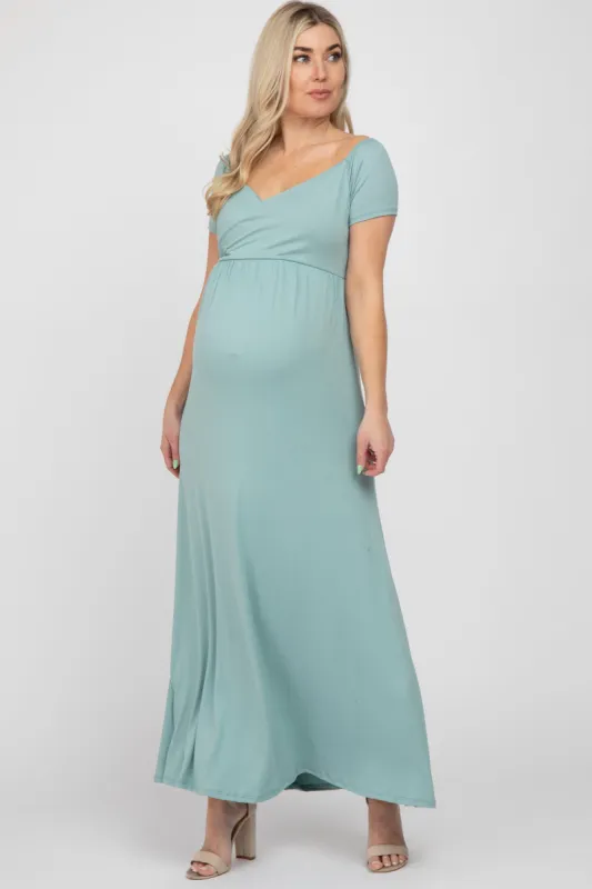 Mint Off Shoulder Wrap Maternity Maxi Dress sold by Pinkblush