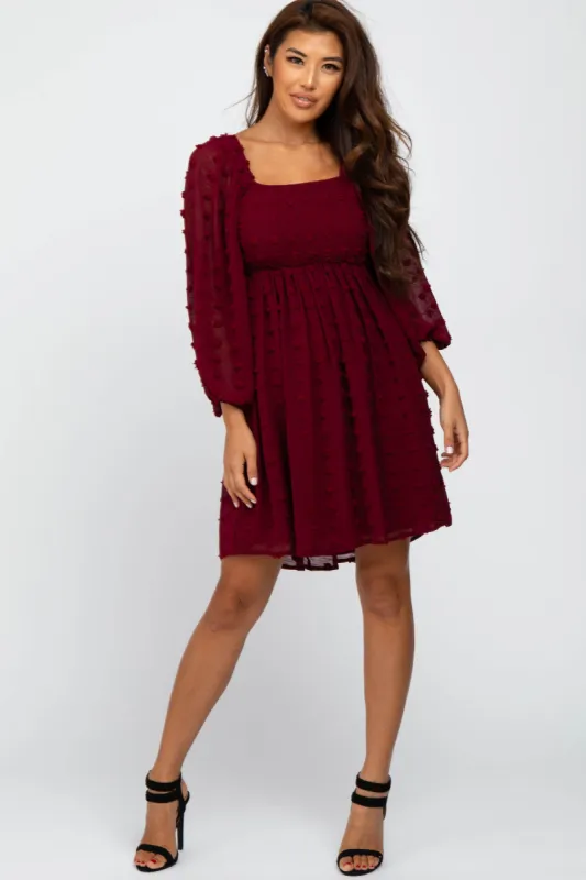 Burgundy Textured Dot Smocked Square Neck Chiffon Dress sold by Pinkblush