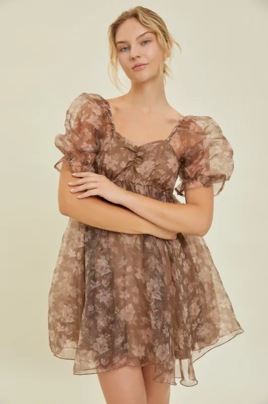 Brown Mini Organza Floral Dress sold by Pinkblush