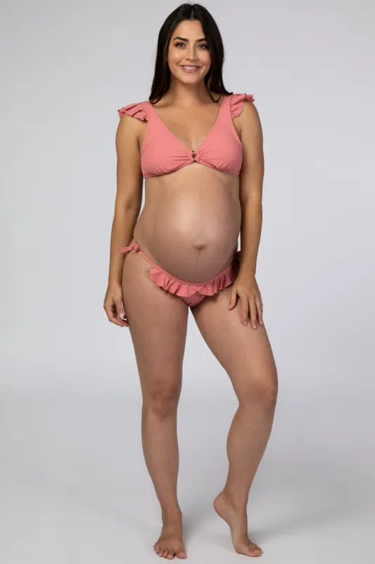 Mauve Ribbed Ruffle Trim Bikini Maternity Set sold by Pinkblush