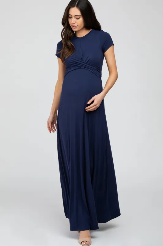 Navy Twist Front Maternity Maxi Dress sold by Pinkblush