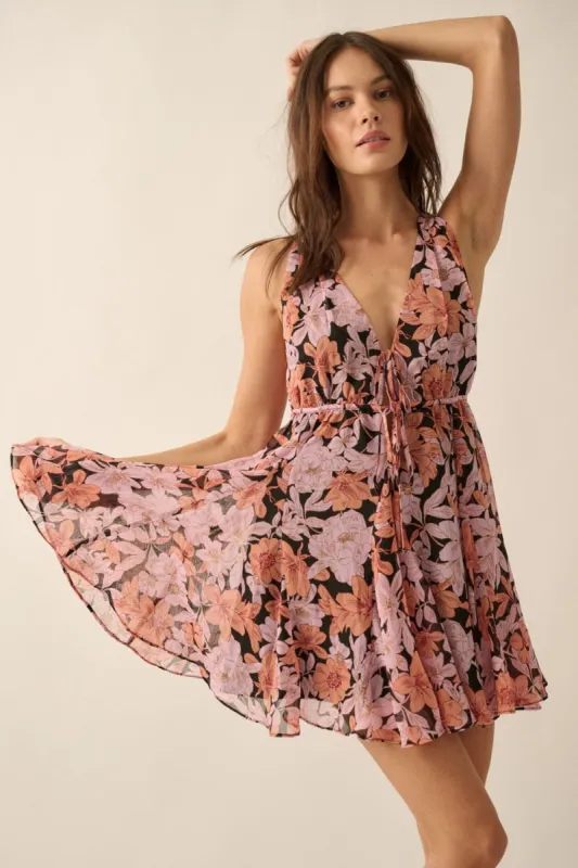 Soft Pink-Apricot Floral Chiffon V-Neck Mini Dress sold by Pinkblush