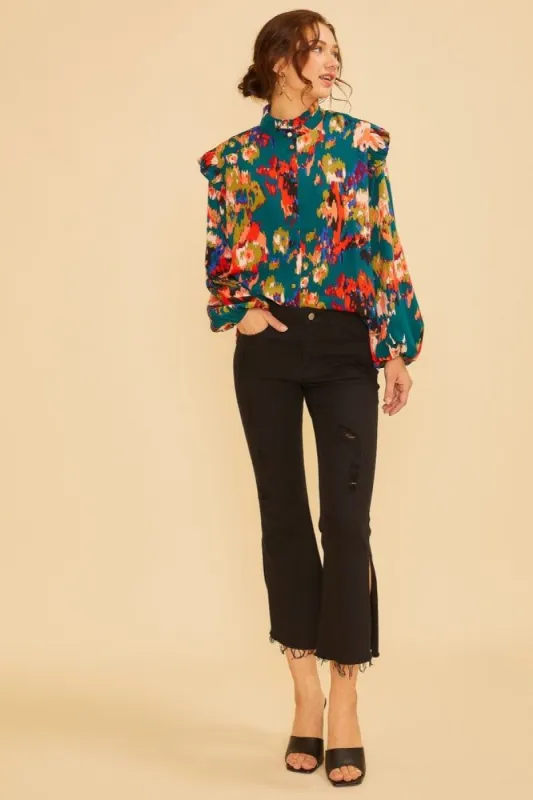 Teal High Neck Frill Detail Back Button Blouse sold by Pinkblush