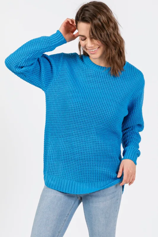 Blue Waffle Knit Round Hem Sweater sold by Pinkblush