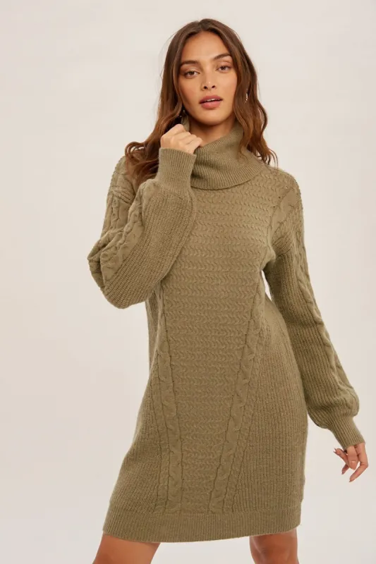 Dusty Olive Cable Knit Turtle Neck Bubble Sleeve Sweater Dress sold by Pinkblush