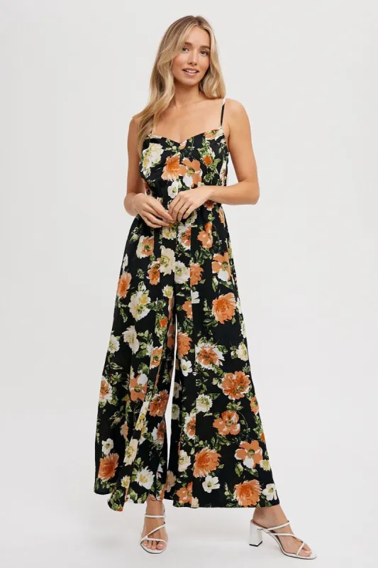 Black Open Back Floral Print Sleeveless Jumpsuit sold by Pinkblush