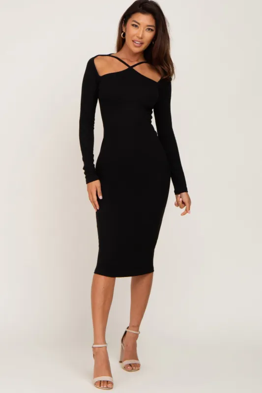Black Ribbed Cutout Long Sleeve Dress sold by Pinkblush