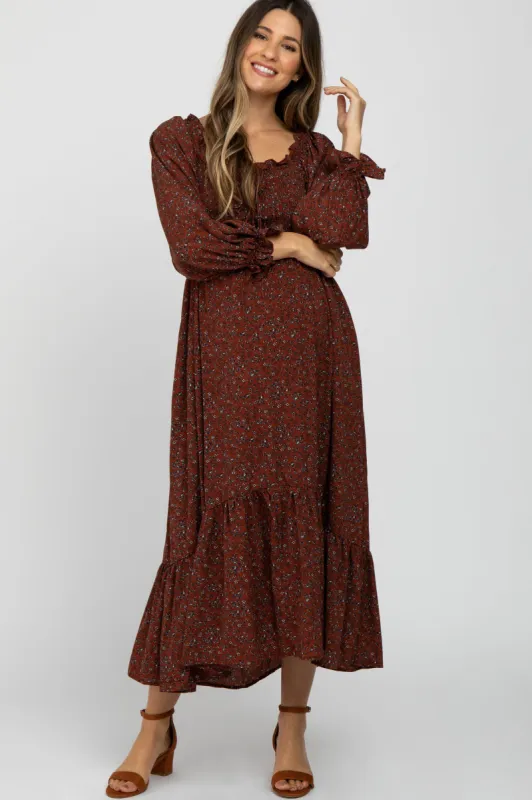 Rust Floral Ruffle Sweetheart Neck Maternity Midi Dress sold by Pinkblush