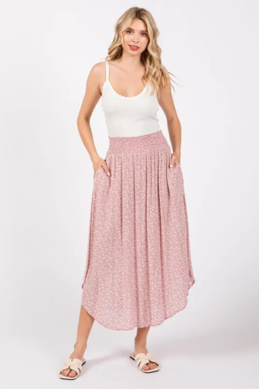 Mauve Floral Smocked Waist Skirt sold by Pinkblush
