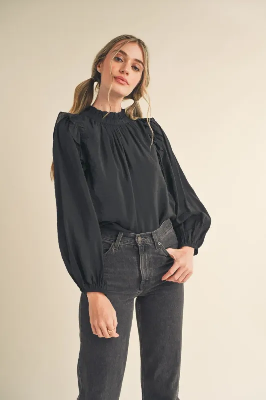 Black Ruffled Balloon Sleeve Top sold by Pinkblush