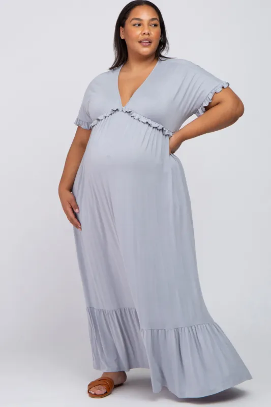 Light Grey Solid Ruffle Maternity Plus Maxi Dress sold by Pinkblush