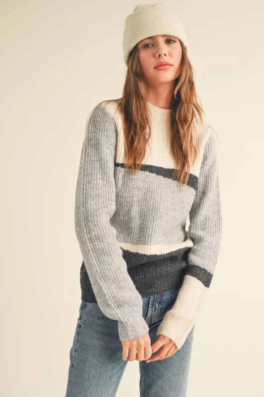 Grey Combo Mock Neck Colorblock Pattern  Sweater sold by Pinkblush