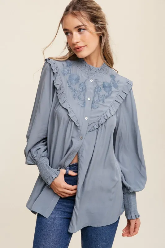 Denim Flower Embroidered Ruffle Button Down Top sold by Pinkblush