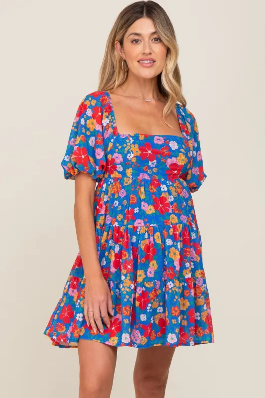 Royal Blue Floral Tiered Maternity Mini Dress sold by Pinkblush