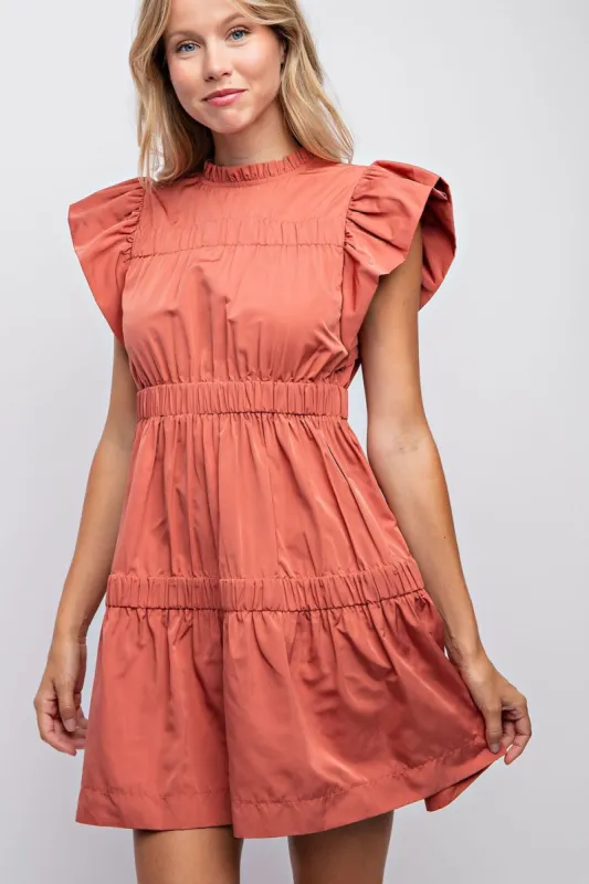 Rust High Neck Tiered Mini Dress sold by Pinkblush