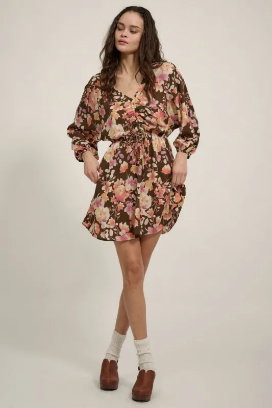 Brown Floral V Neck Ruch Bodice Wide Sleeve Mini Dress sold by Pinkblush