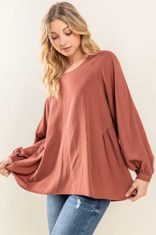 Rust Round Neck Back Tie Flare Blouse sold by Pinkblush