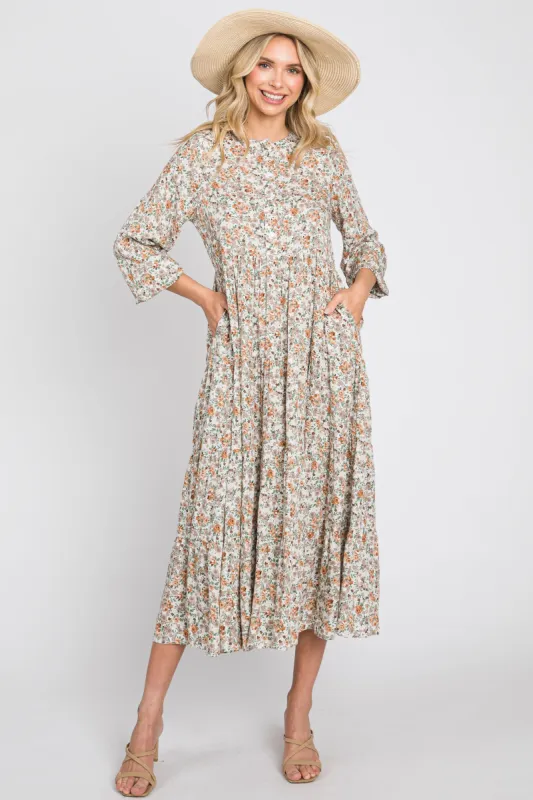 Beige Floral Button Front Long Sleeve Tiered Midi Dress sold by Pinkblush